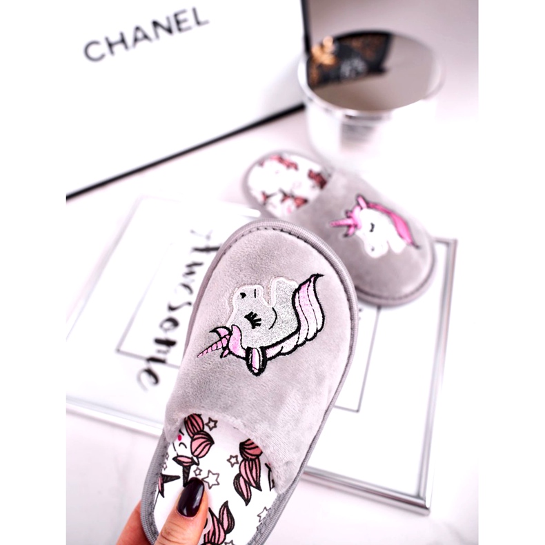 Papuci pentru copii Unicorn gri cu Unicorn roz argint 2