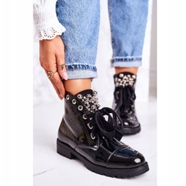 MSMG Cizme de damă calde, cu perle metalice și o panglică, lacată Perla negru 2
