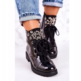 MSMG Cizme de damă calde, cu perle metalice și o panglică, lacată Perla negru 1