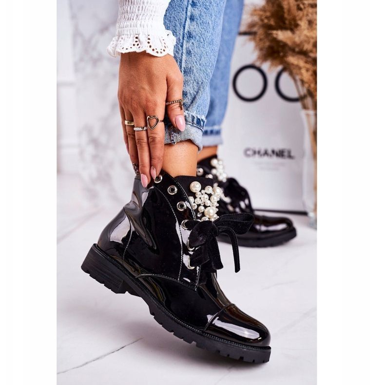 PS1 Cizme de damă calde, cu perle și panglică, lacuit Perla negru 1 PS1 Cizme de damă calde, cu perle și panglică, lacuit Perla negru 1