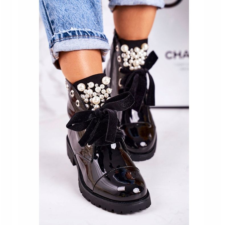 PS1 Cizme de damă calde, cu perle și panglică, lacuit Perla negru 2