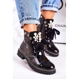 PS1 Cizme de damă calde, cu perle, jeturi și o panglică, Perla lăcuită negru 1 PS1 Cizme de damă calde, cu perle, jeturi și o panglică, Perla lăcuită negru 1