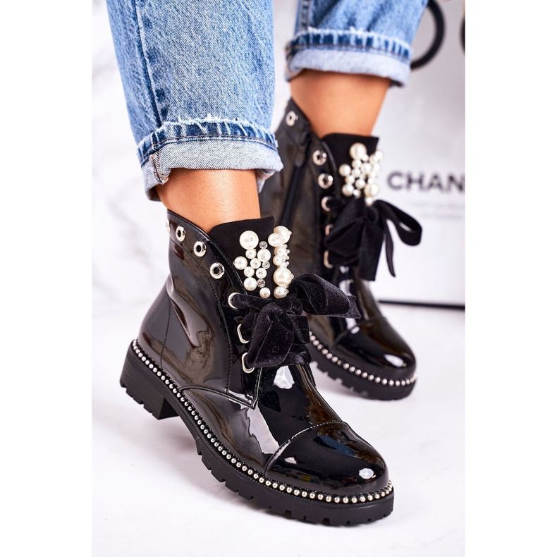 PS1 Cizme de damă calde, cu perle, jeturi și o panglică, Perla lăcuită negru 1