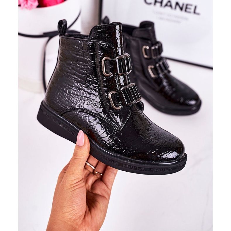 PL1 Cizme calde pentru copii lăcuite cu model animal negru Maya 2