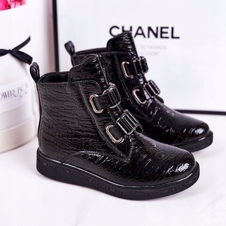 PL1 Cizme calde pentru copii lăcuite cu model animal negru Maya 1