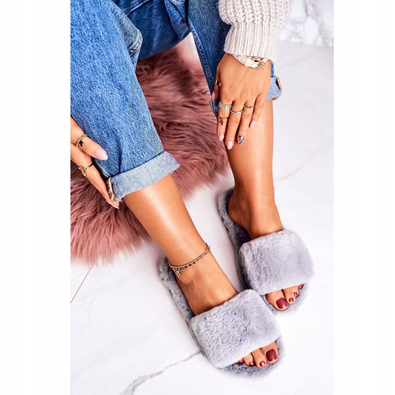 FRJ Papuci de blană gri pentru femei Grey Cold Days 2