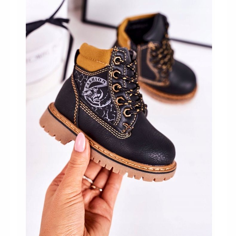 PL1 Cizme calde pentru copii Trappers pe talpă de cauciuc neagră Bobby negru portocale 2