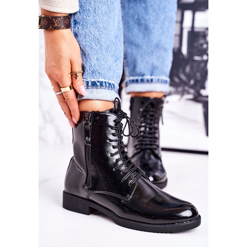 PJ1 Cizme calde clasice pentru femei lăcuite negru simplitate 2