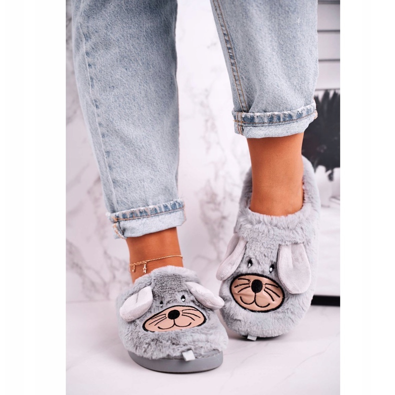 JOMIX Papuci de blană de șoarece gri pentru femei Home Sweet Home bej 1