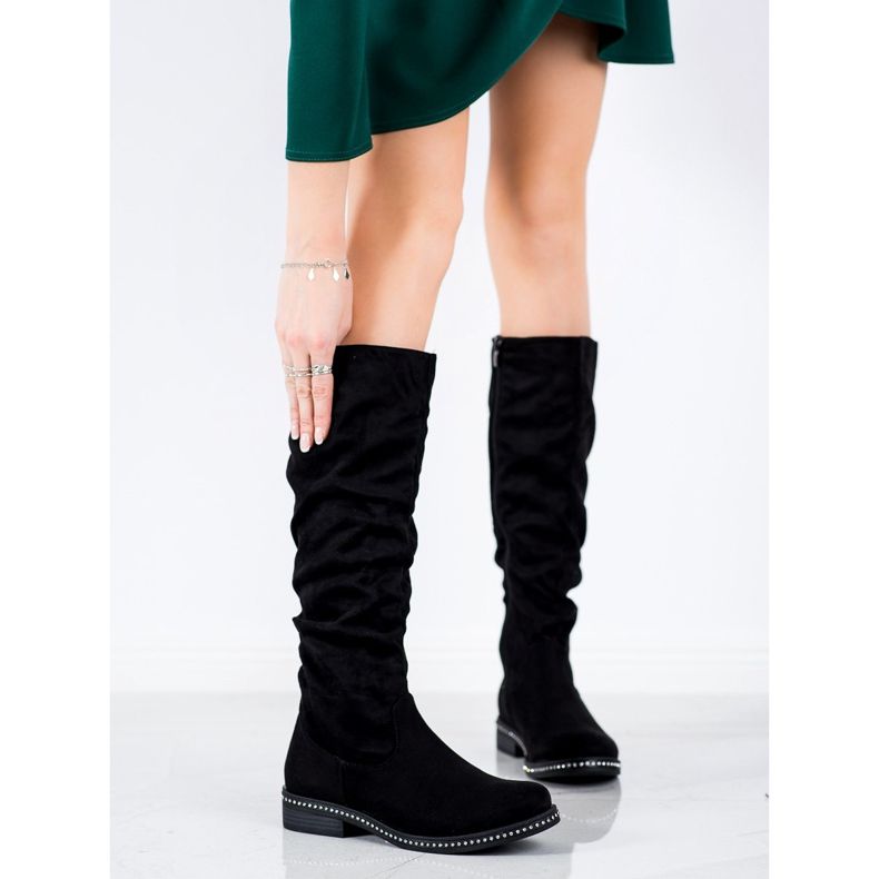 SHELOVET Cizme din piele de căprioară cu zirconiu cubic negru 2