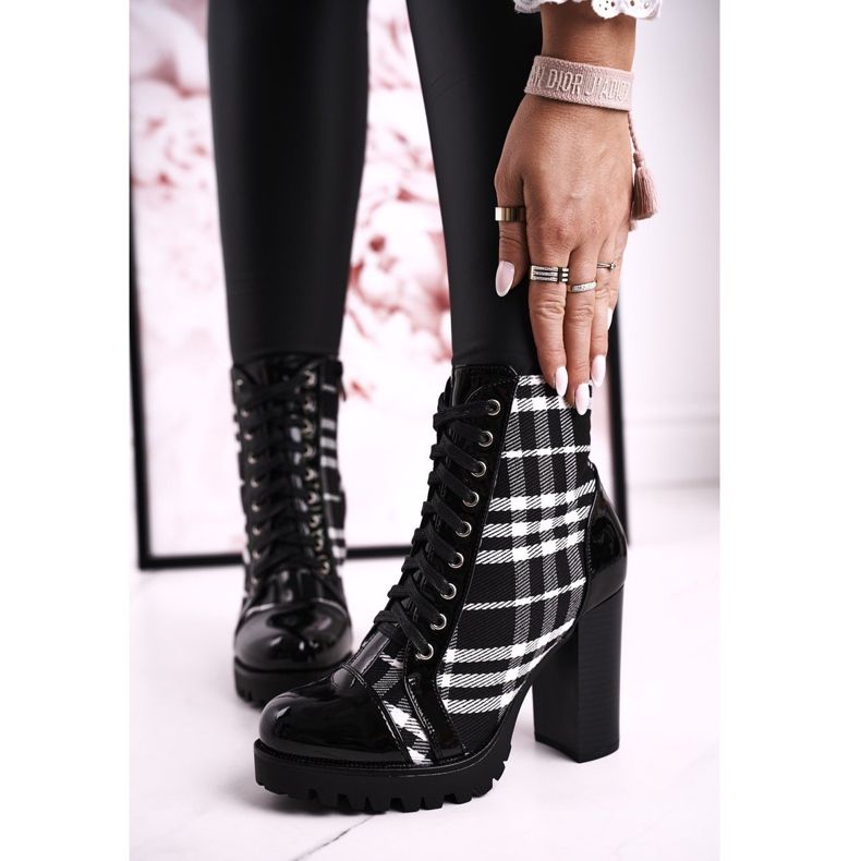 PS1 Cizme de damă pe toc cu carouri Blair negru alb 1