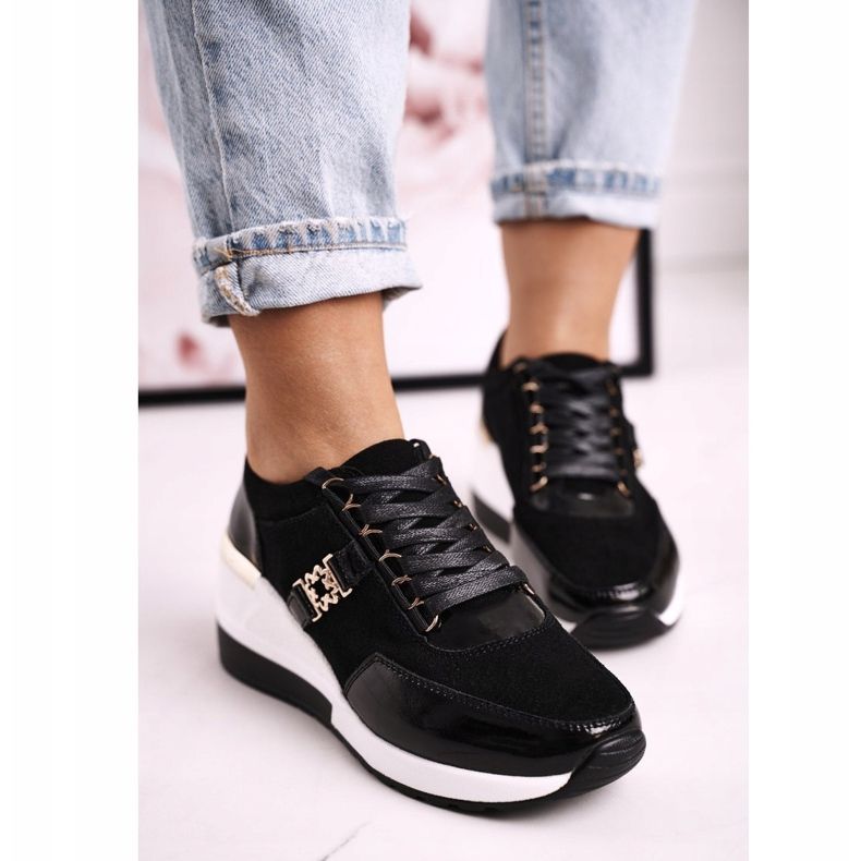 S.Barski Adidași de piele pentru femei din piele negru auriu Roxette de aur 1