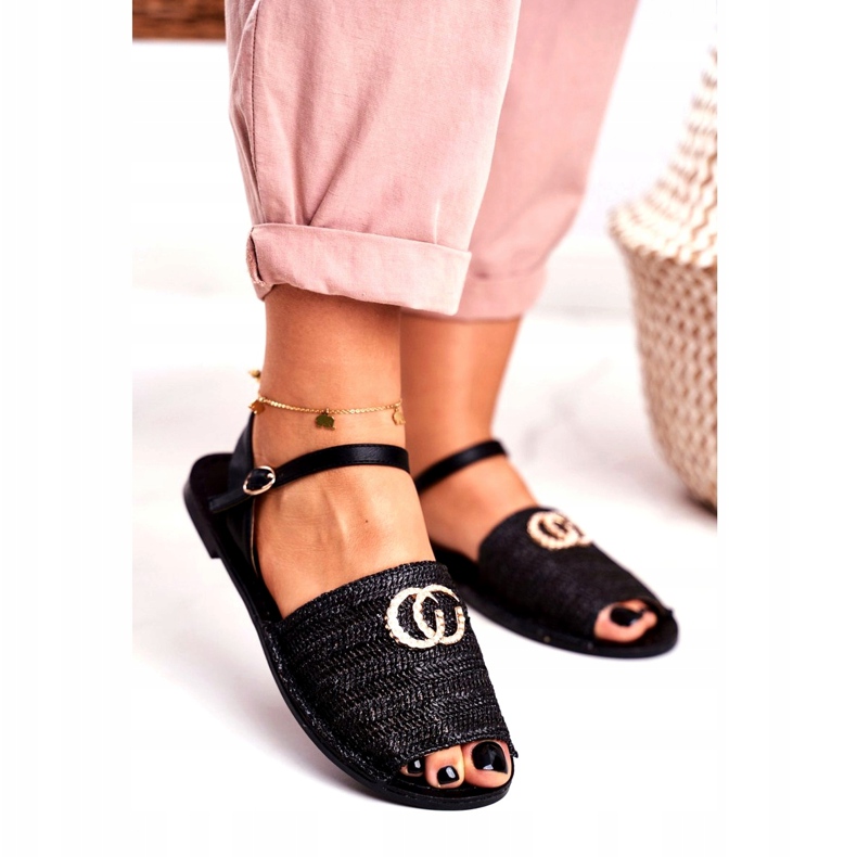 Sandale plate pentru femei negre Lu Boo împletite Felicia negru 1