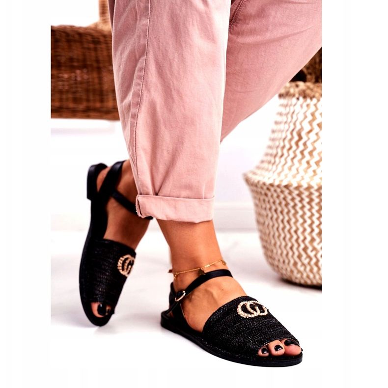 Sandale plate pentru femei negre Lu Boo împletite Felicia negru 3