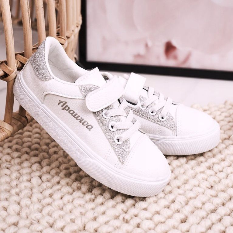 Apawwa Adidași copii cu brocart alb și argintiu Camila 2