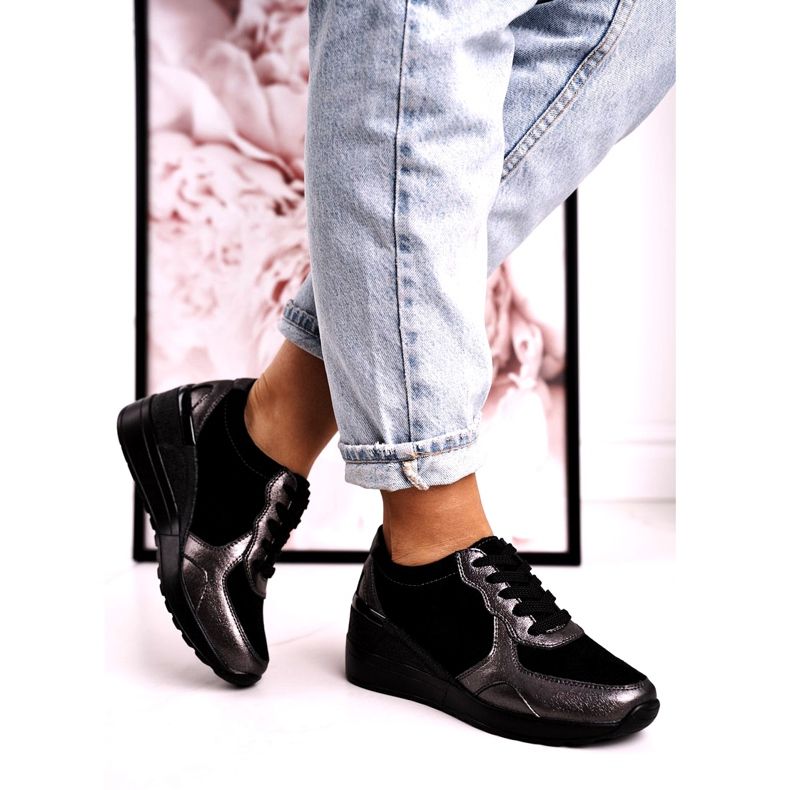 S.Barski Adidași de piele cu piele pentru femei Roxette negru multicolor argint 2