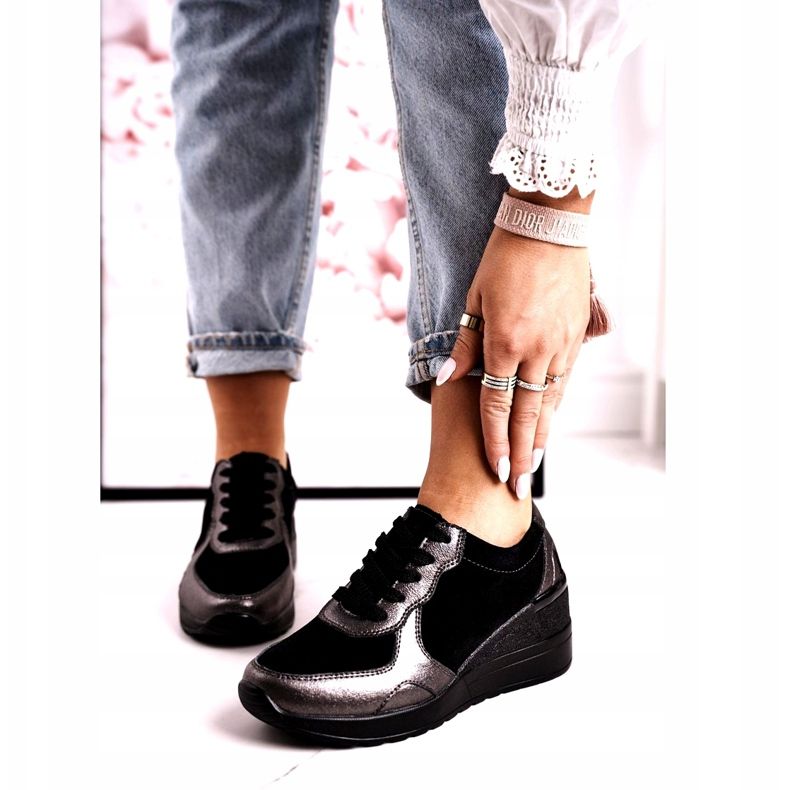 S.Barski Adidași de piele cu piele pentru femei Roxette negru multicolor argint 1