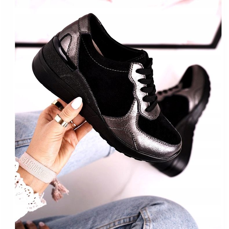 S.Barski Adidași de piele cu piele pentru femei Roxette negru multicolor argint 4