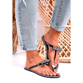 LU BOO Papuci de cauciuc pentru femei, flip-flops negri, pietre de stras Deross negru 1