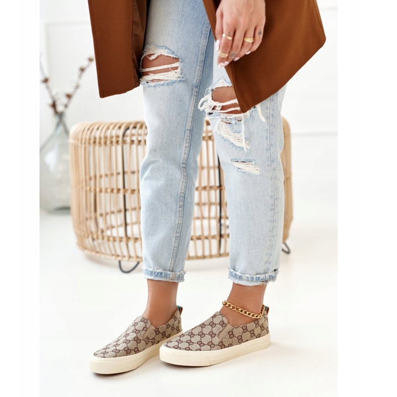 Adidași logați pentru femei Slip-On Khaki Challenge bej maro 1