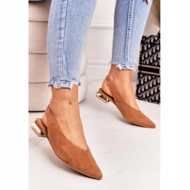Balerini din piele de căprioară pe tocuri de aur Laura Messi 2127 Camel maro 1