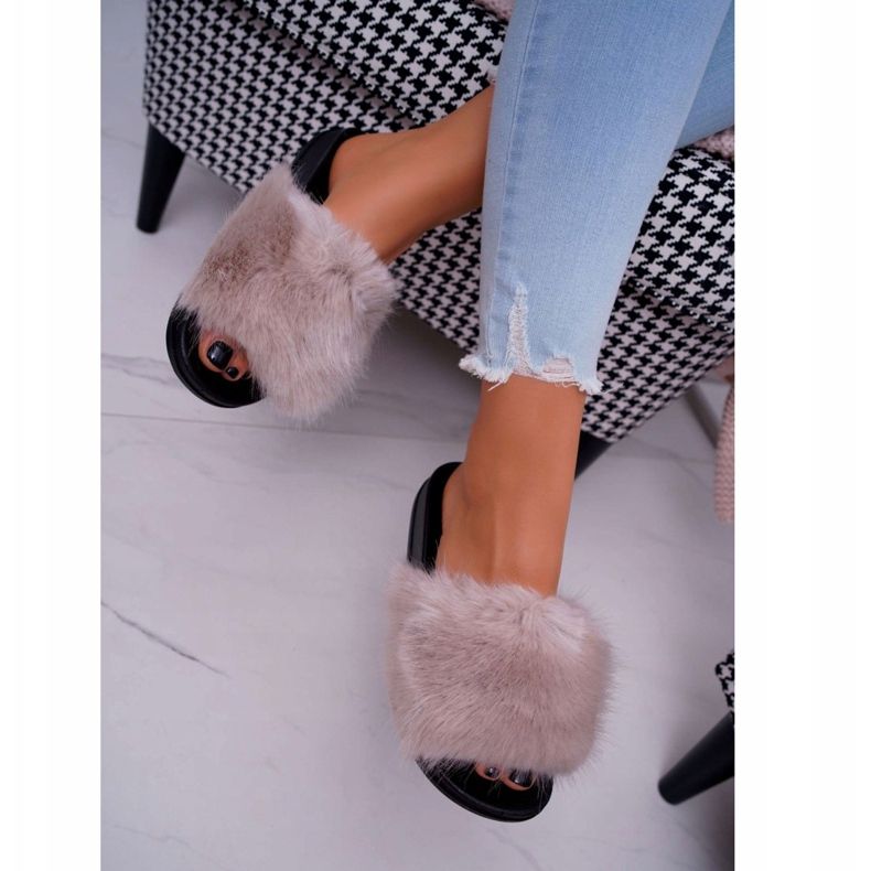 SEA Papuci Bej Femei cu blană NiceFur gri 2