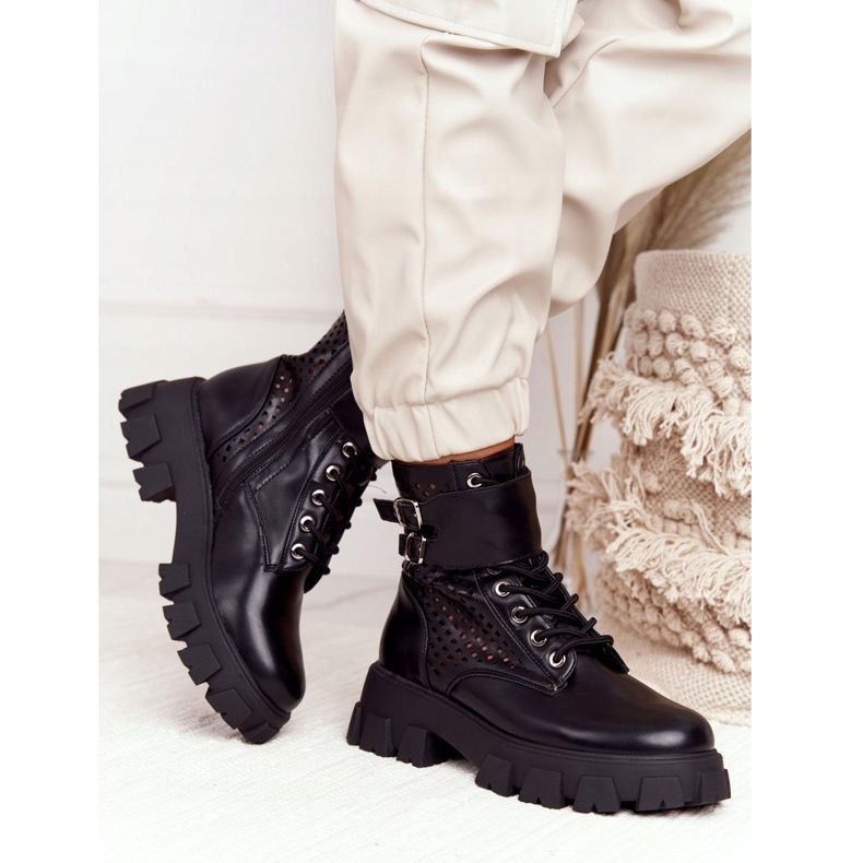 FB2 Cizme ajurate Muncitori pe platforma neagră suflată negru 2
