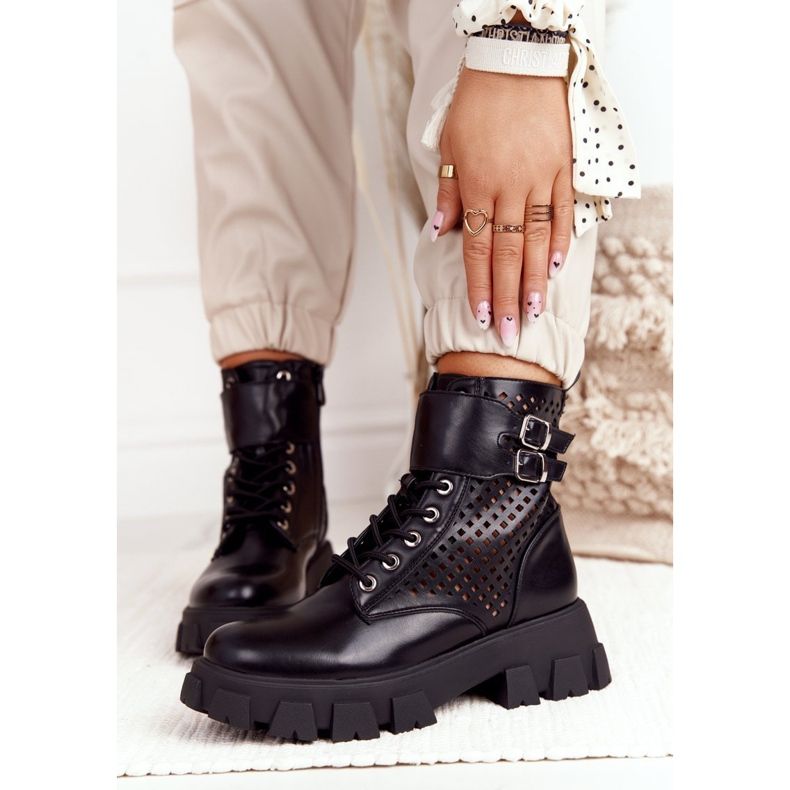 FB2 Cizme ajurate Muncitori pe platforma neagră suflată negru 1