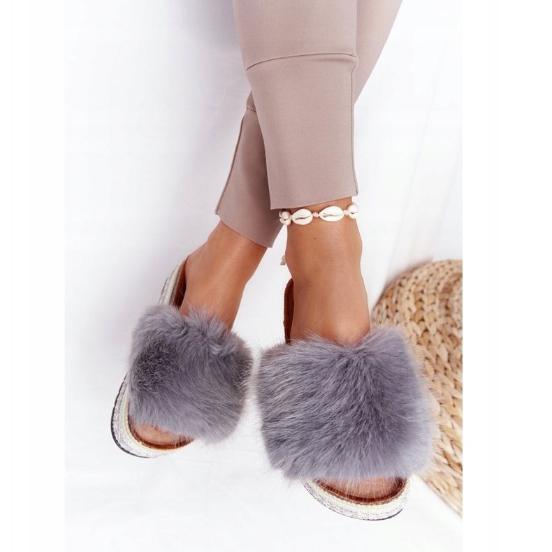 PS1 Papuci gri cu platformă Adventure cu blană multicolor 2