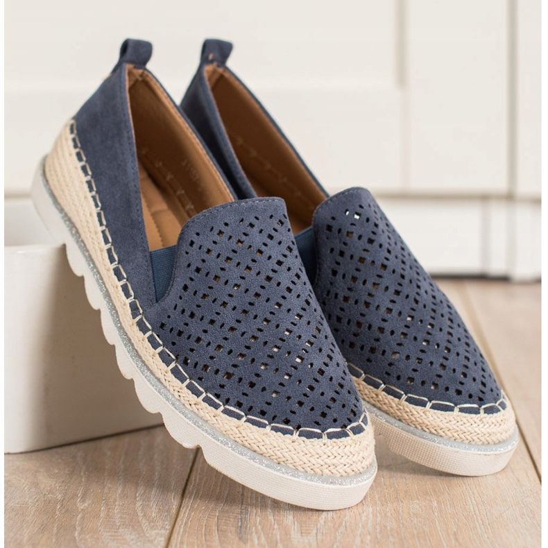 SHELOVET Slipony ajurat cu piele de căprioară albastru marin 2