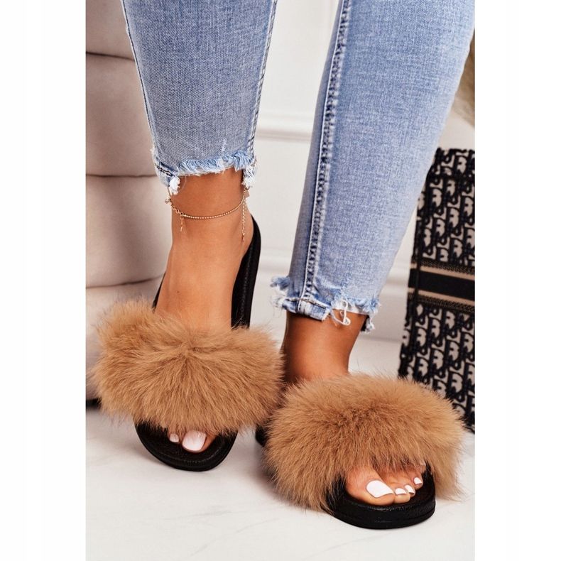 SEA Papuci de damă cu blană Camel Belmondo maro negru 4