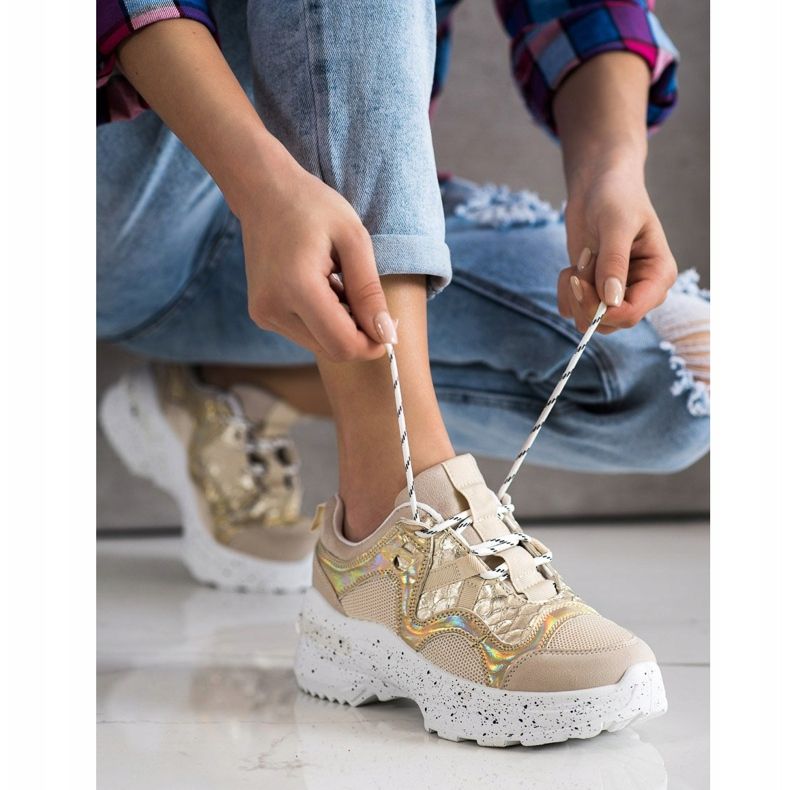 SHELOVET Adidași cu platformă decorativă bej de aur 1