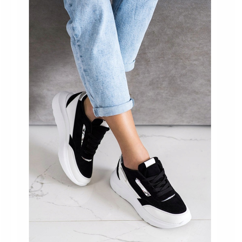 SHELOVET Adidași eleganți din piele de căprioară alb negru 2