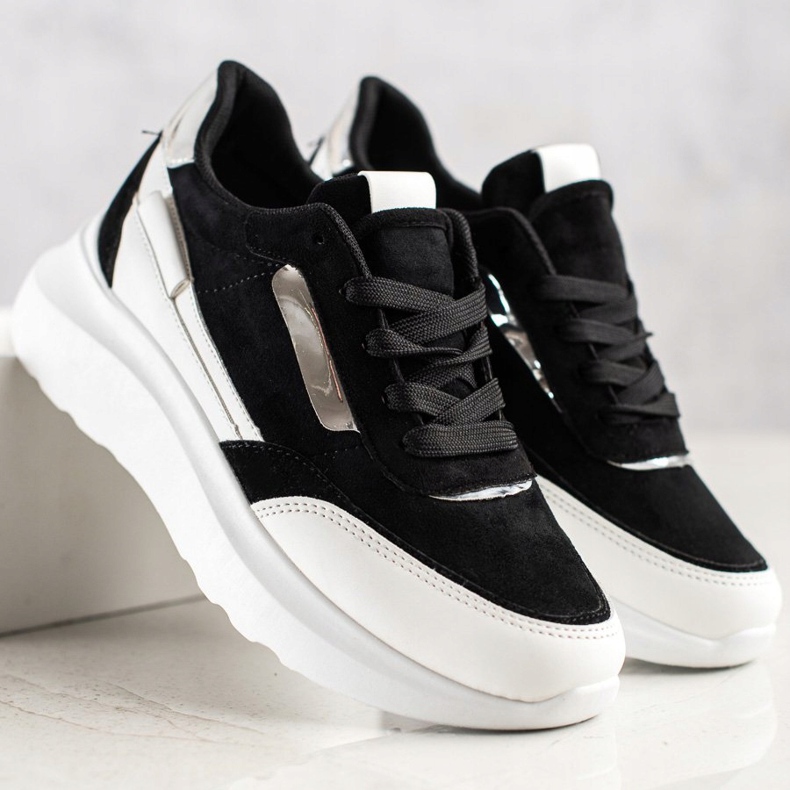 SHELOVET Adidași eleganți din piele de căprioară alb negru 1