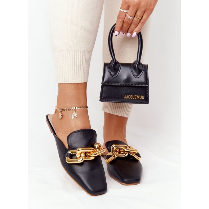 PS1 Papuci negri Call On Me cu partea superioară și lanț negru de aur 1