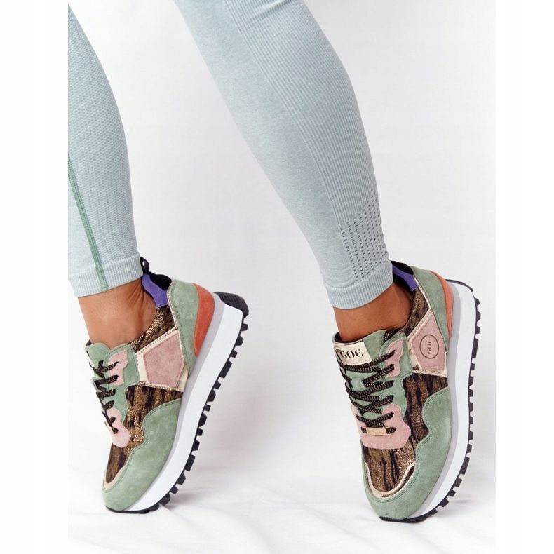 Încălțăminte sport din piele de căprioară pe platforma GOE HH2N4002 Verde-Auriu bej maro roz de aur 2