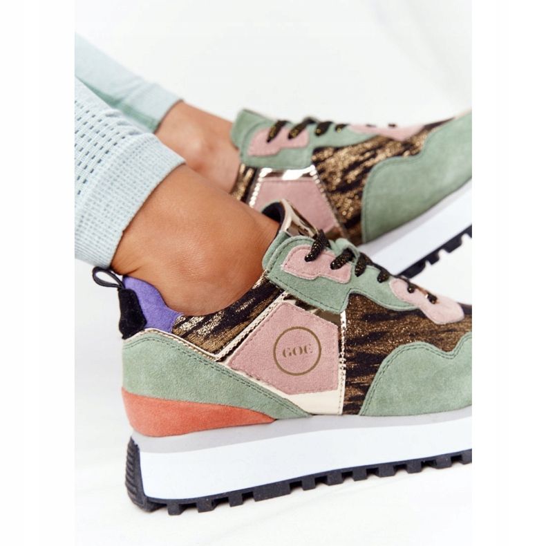 Încălțăminte sport din piele de căprioară pe platforma GOE HH2N4002 Verde-Auriu bej maro roz de aur 1