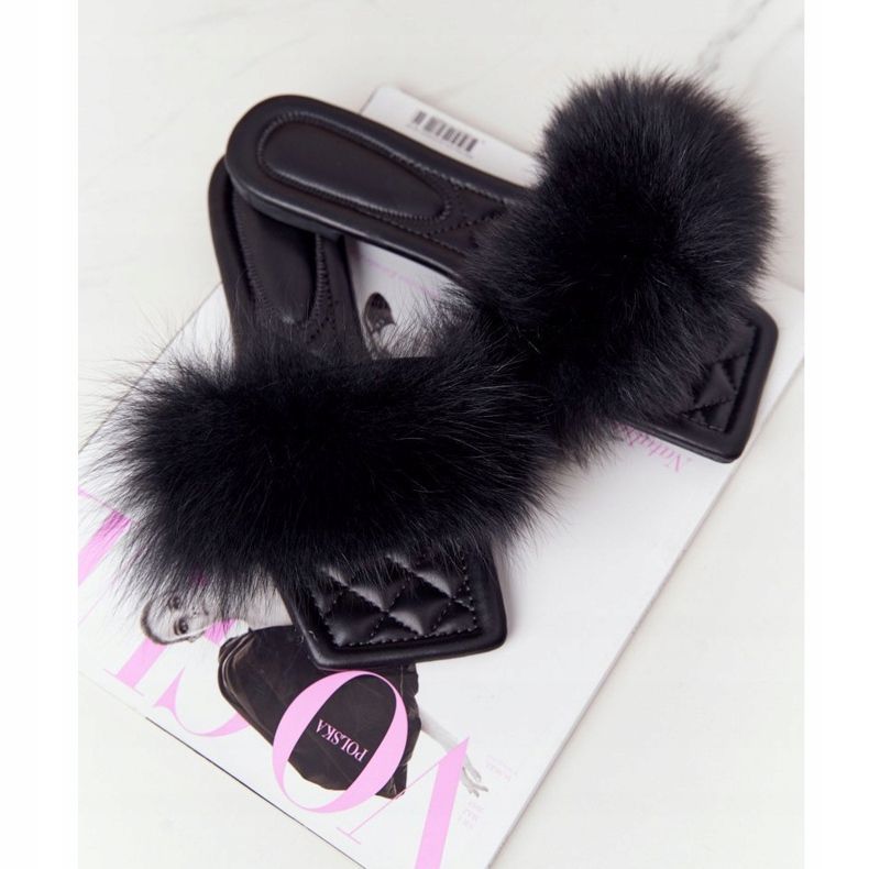 Papuci din piele cu blană neagră Te iubesc așa negru 2