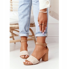 EVE Sandale de lună de miere maro deschis cu împletit pe o bară bej alb 2