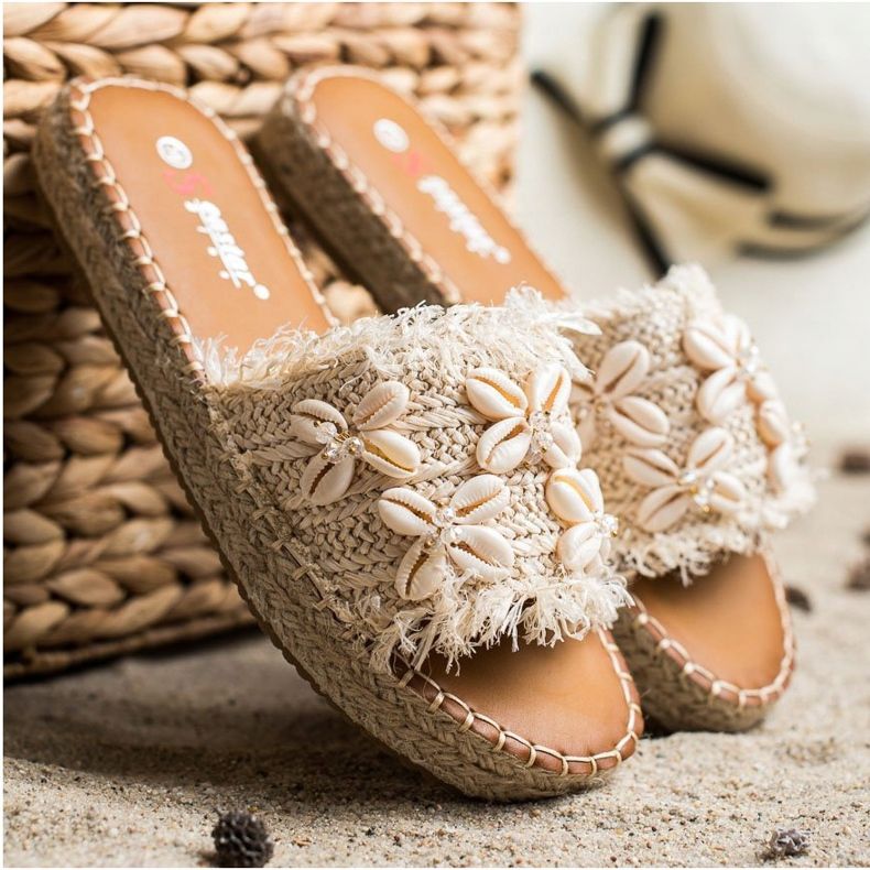 Seastar Espadrile, flip flops împletite cu cochilii bej 1