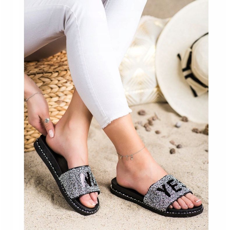 SHELOVET Flip-flops la modă cu cristale negru argint 1