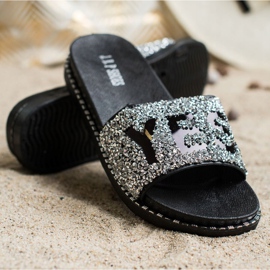 SHELOVET Flip-flops la modă cu cristale negru argint 3
