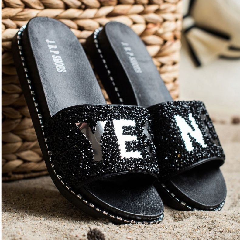 SHELOVET Papuci la modă cu cristale negru 1