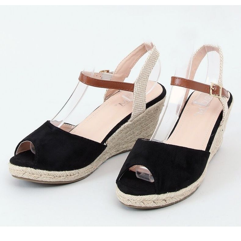 Espadrile negre cu vârf deschis 77-207 Negru bej maro 1