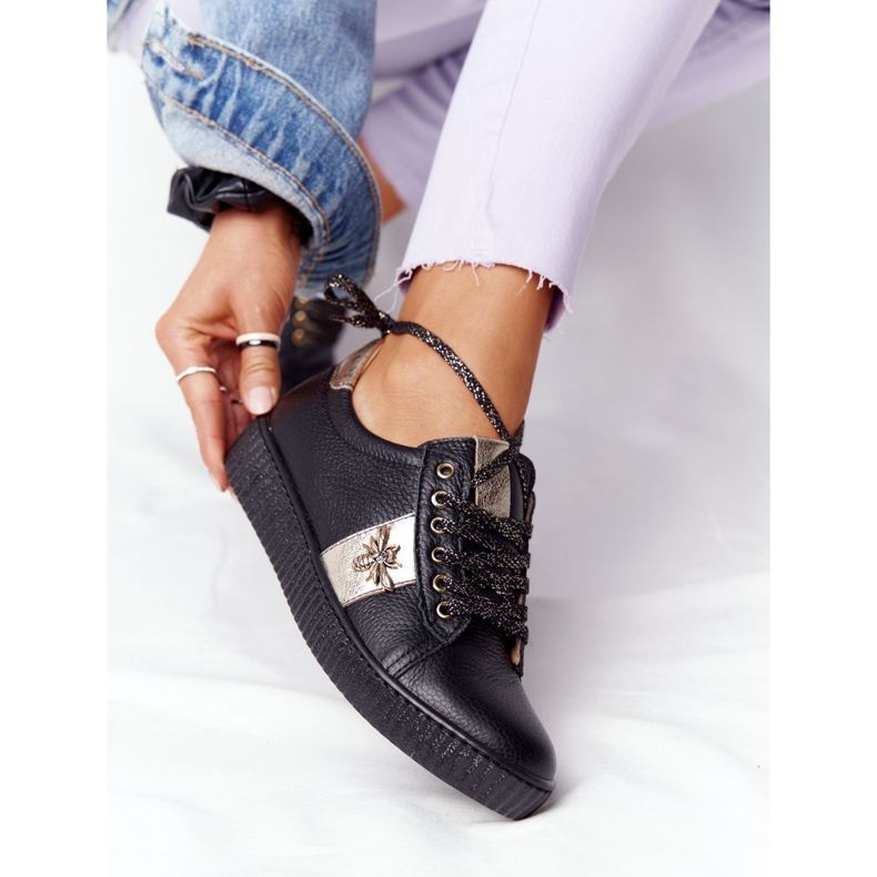 Lewski Shoes Adidași din piele pentru femei Încălțăminte Lewski 2786-0 Negru-Auriu de aur 2