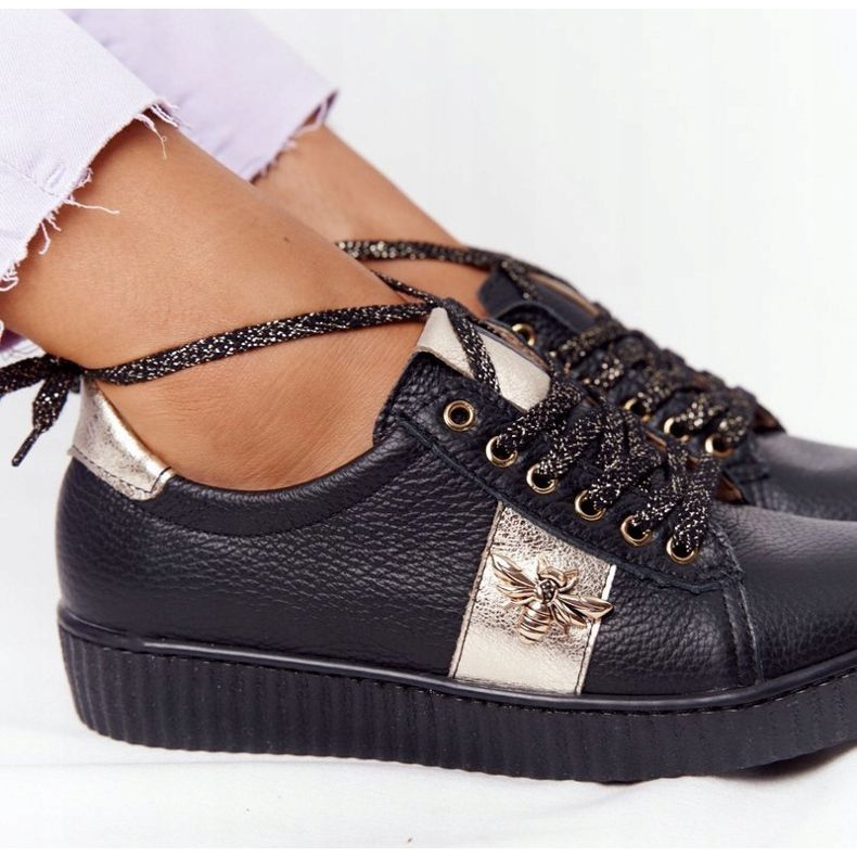 Lewski Shoes Adidași din piele pentru femei Încălțăminte Lewski 2786-0 Negru-Auriu de aur 1