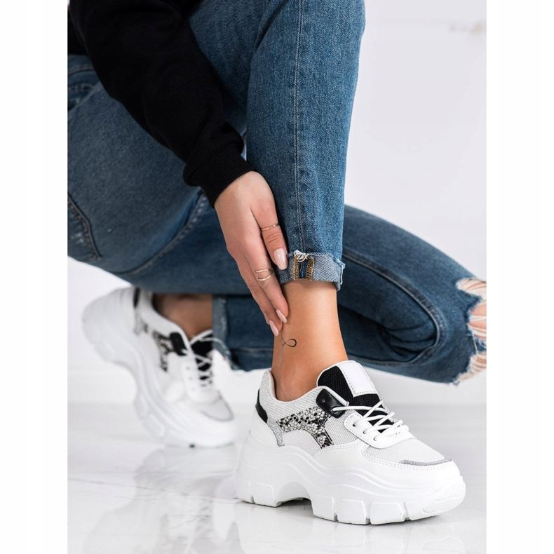 SHELOVET Adidași eleganți cu sclipici alb negru argint 2