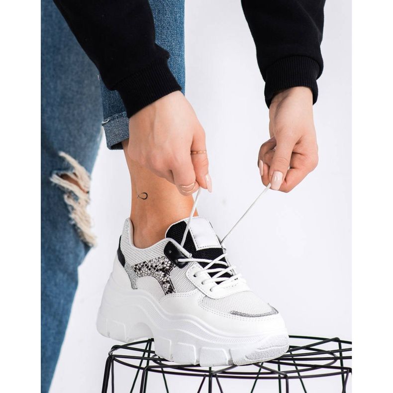 SHELOVET Adidași eleganți cu sclipici alb negru argint 1