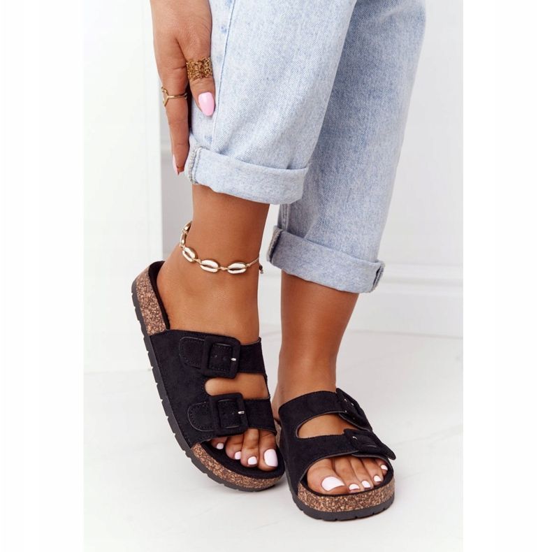 MSMG Papuci negri din piele de căprioară Jennifer pe talpă de plută negru 2