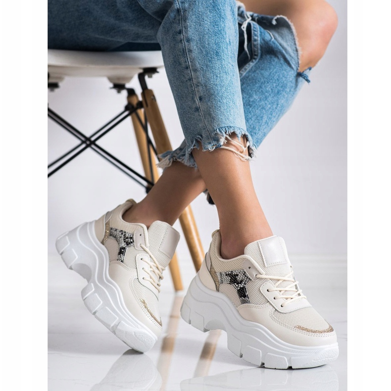 SHELOVET Adidași eleganți cu sclipici bej 2